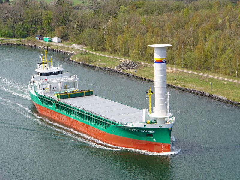 Image of a ship with wind power technology installed, from IMO Media and Communications.